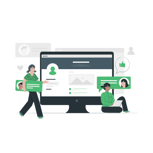 two people walking past a computer screen